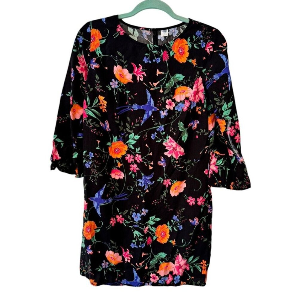 Old Navy Black Floral Shift Dress Size M 3/4 Sleeve Keyhole Back Ruffle Sleeve